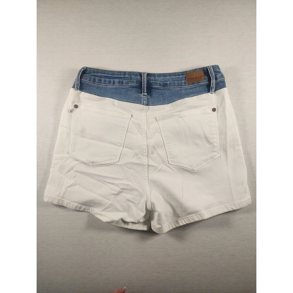 Judy Blue White Denim Shorts Womens L Colorblock Side Stripe 2 Tone Stretch Prep - Picture 9 of 9